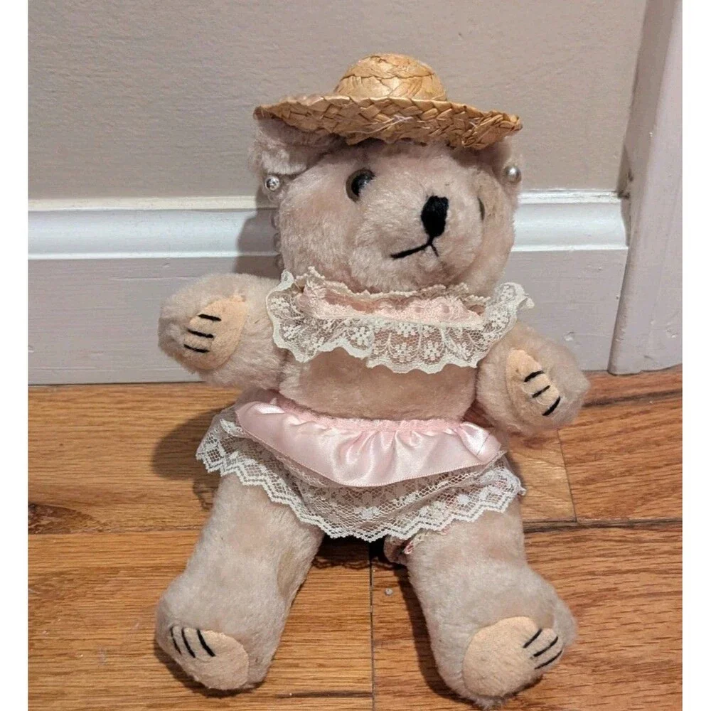 Vintage Plush Jointed Country Bear Straw Hat Lace Pearls 9